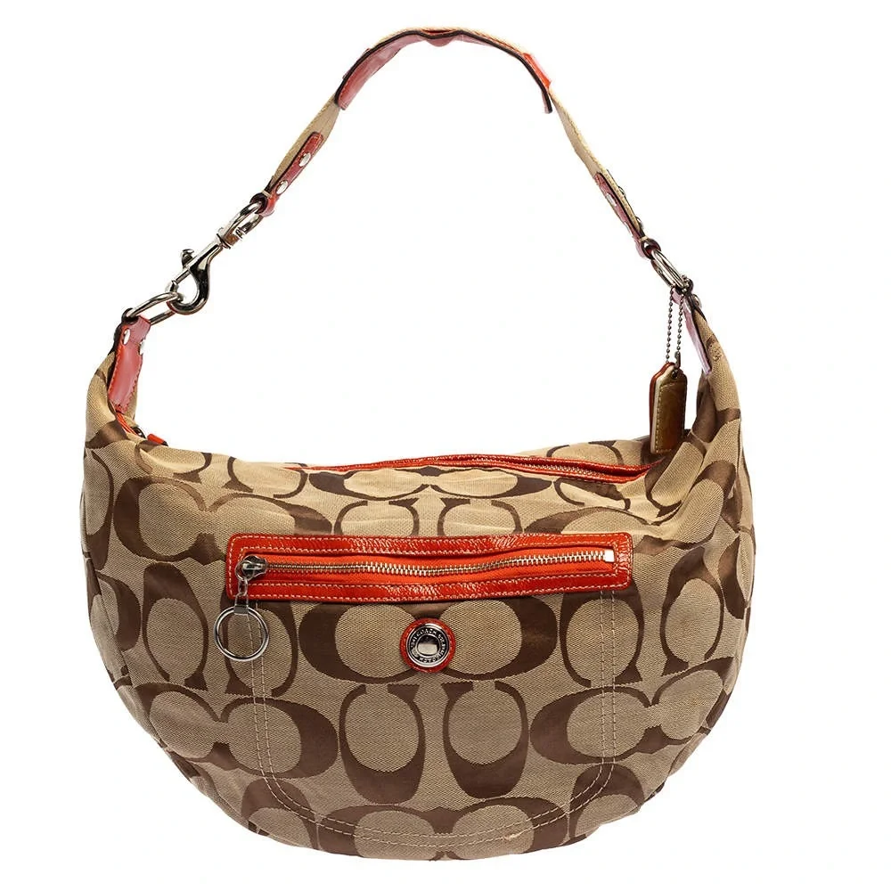 Coach Coach Beige/Orange Signature Canvas and Patent Leather Front Pocket Hobo